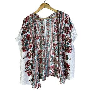 Umgee USA Embroidered Kimono Cardigan White Red Teal Floral Boho Plus Size